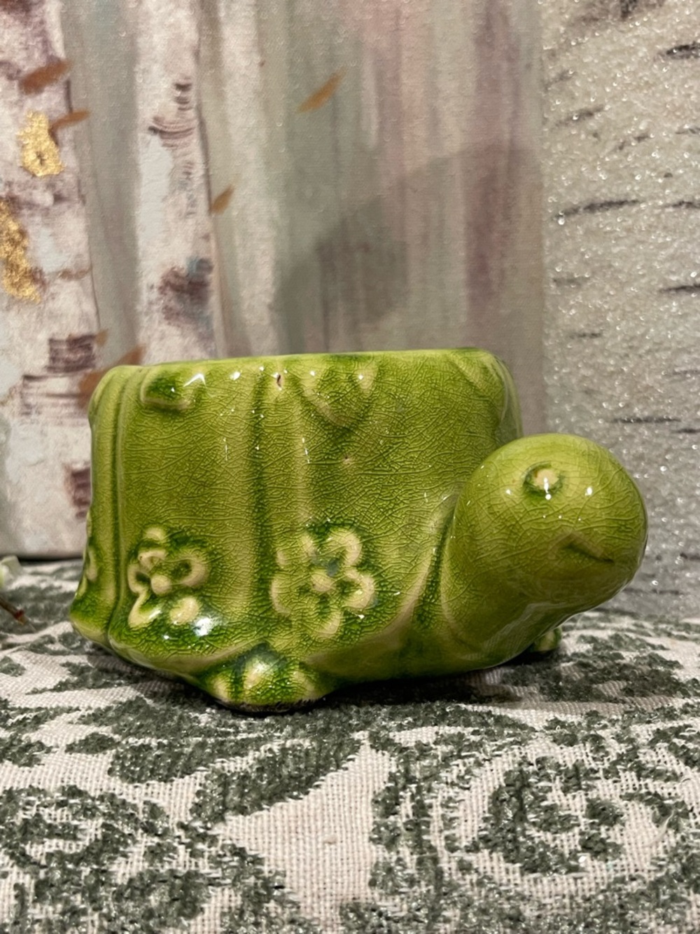 Vintage Green Turtle Planter Dish Ceramic Animal Decor Succulent Pot Cottagecore